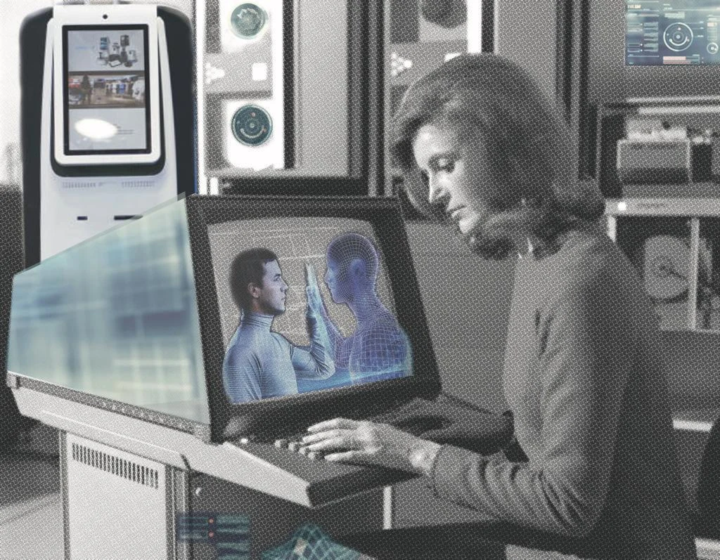 An editorial collage of a woman at a vintage computer with digital figures on screen