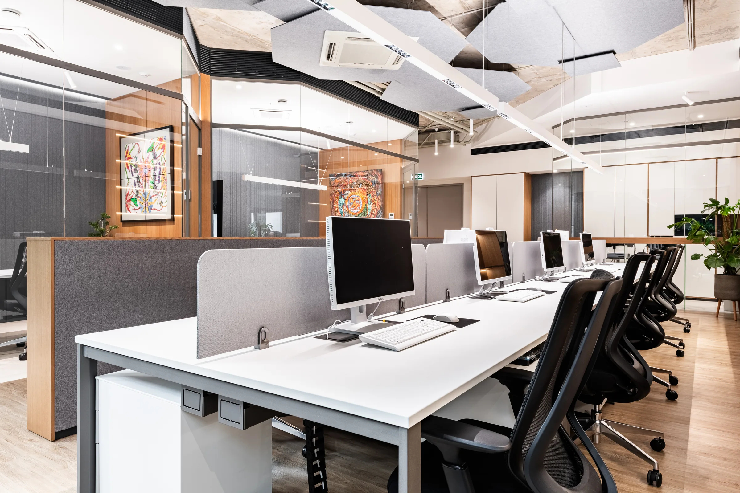 Desk and acoustic ceiling