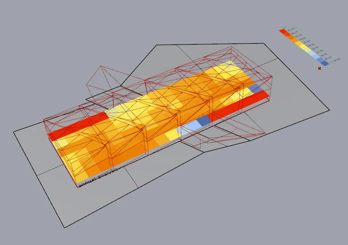 An axonometric ceiling model with a colour-coded analysis overlay