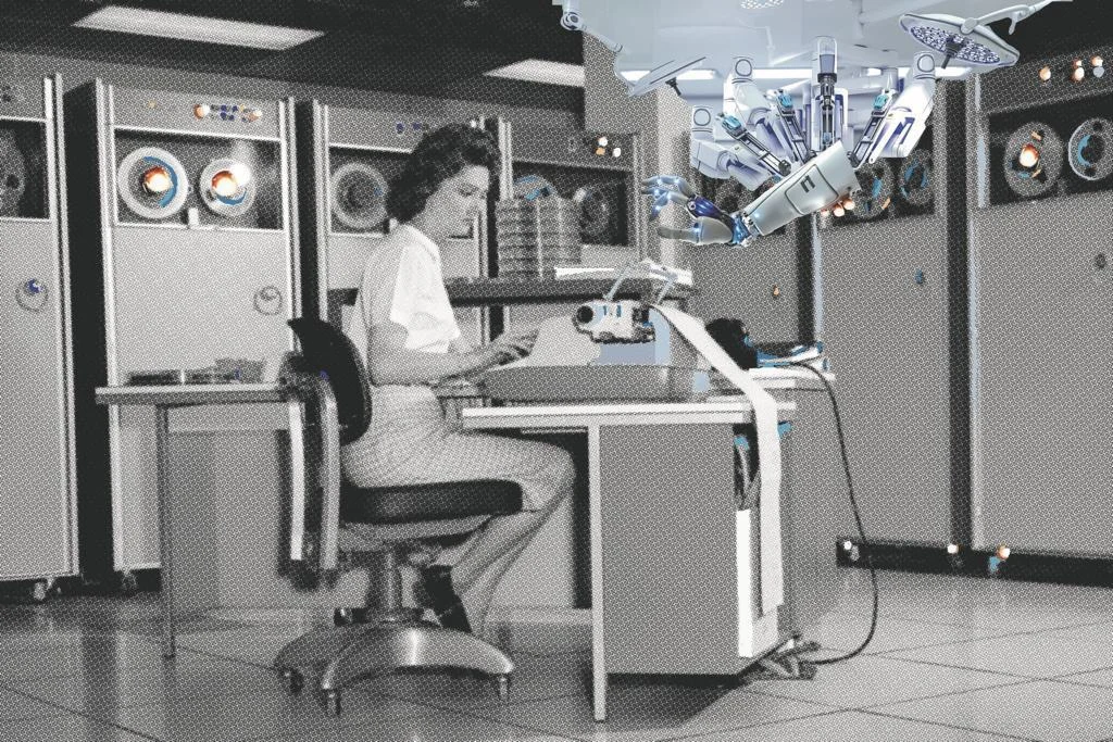 An editorial collage of a vintage computer operator and robotic equipment
