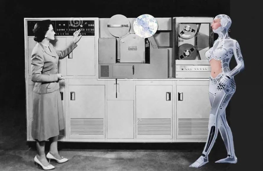 An editorial collage of a woman and a humanoid robot beside a vintage mainframe computer