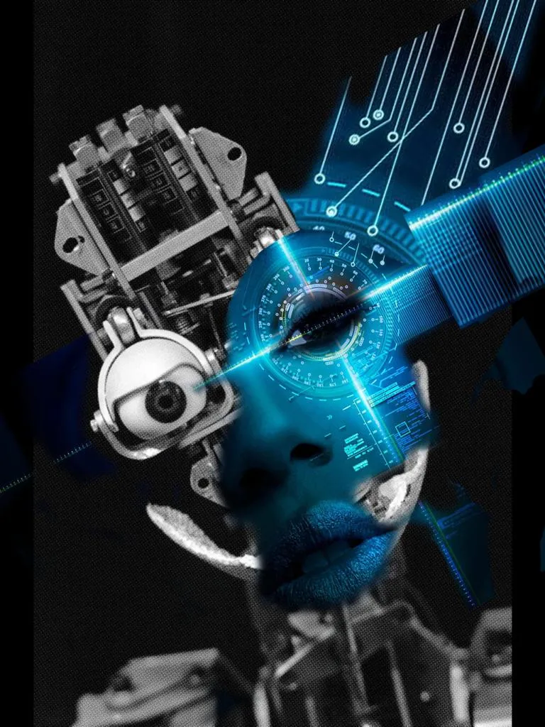 An editorial collage combining a human profile with circuitry