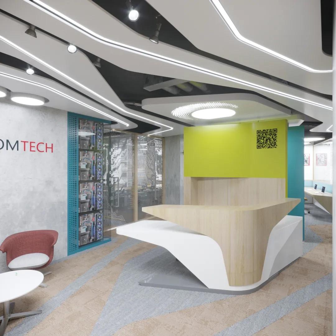 A bright reception interior with a sculpted desk and flowing ceiling lights